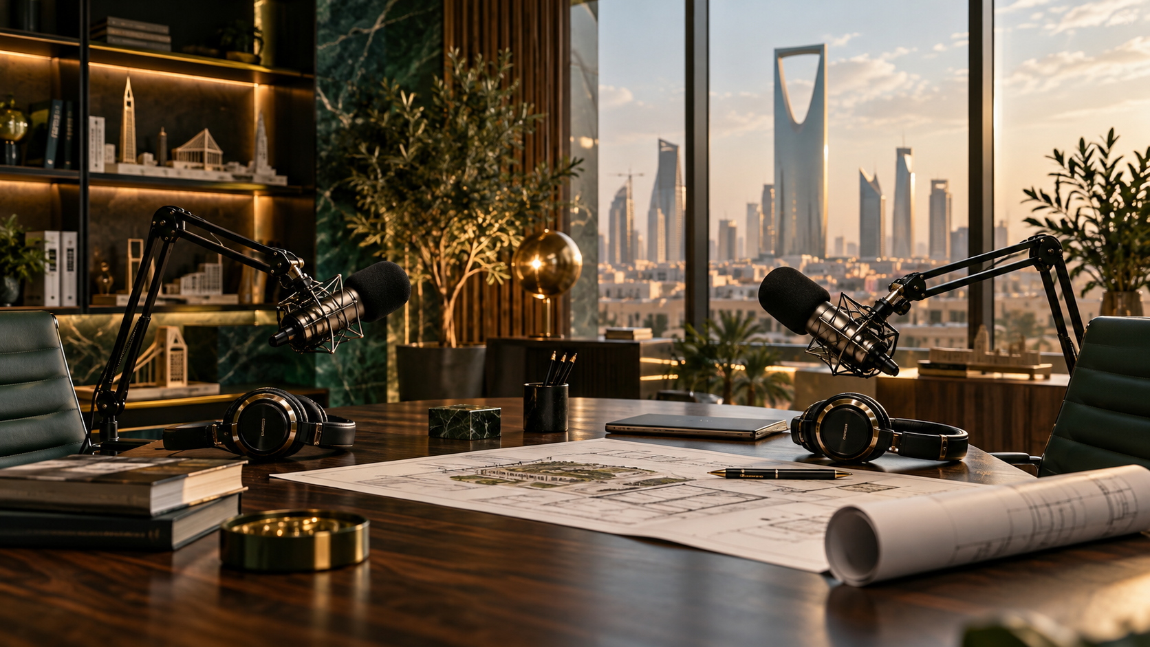 استوديو حوارات هندسية بميكروفونات احترافية